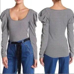 Free People Penelope Puff Sleeve Top Black White Stripe NWT Size L